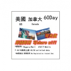 美國 加拿大 60日4G/3G無限上網卡（可充值）