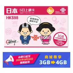 【中國聯通】 4G日本5日無限上網卡 數據卡