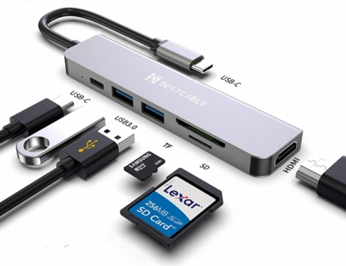 BEST CABLE Type-C集線器多端口適配器-6合1便攜式，具有4K HDMI輸出，2個USB 3.0端口，SD / TF卡讀取器，USB C 100W PD