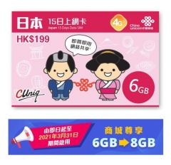 中國聯通 4G日本15日6GB+2GB上網卡 數據卡
