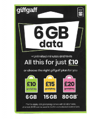 giffgaff 英國30 日4G 6GB+英國無限通話 上網卡 電話卡（giffgaff官網$10磅套餐，可充值循環使用）