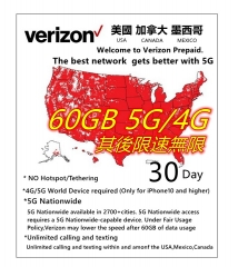 Verizon 5G/4G美國 加拿大 墨西哥 30日 首60GB 5G/4G其後限速無限