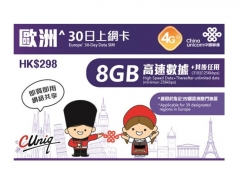 中國聯通 4G/3G歐洲多國通用30日無限上網卡