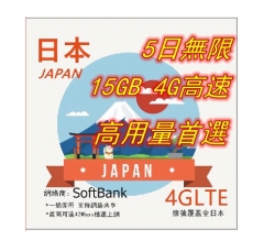 【高用量】日本Softbank 5日4G 15GB之後降速無限《每日3GB 之後降速128k無限》